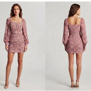 Eilly Bazar Floral Ruched Long Balloon Sleeve Mini Dress Square Neck Size M
